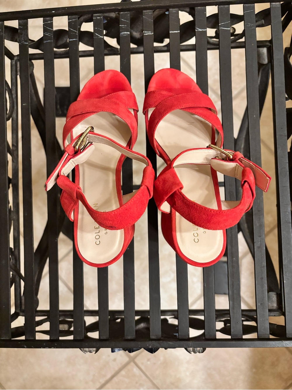 Cole Haan Red Suede Crisscross Ankle-Strap Sandals